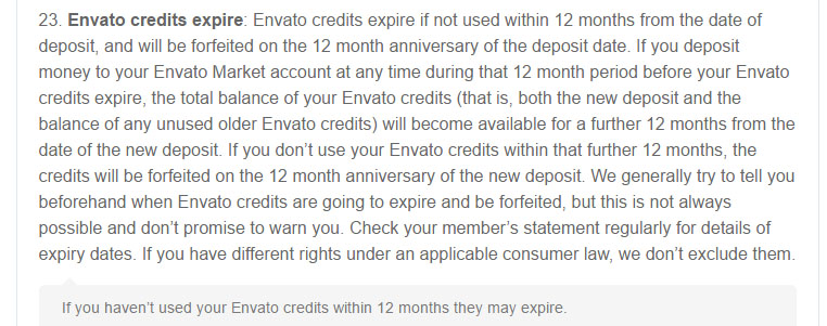 The Credits will expire clause in Envato Market Terms agreement