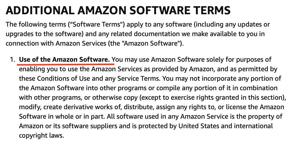 Amazon Conditions of Use: Additional Amazon Software Terms clause - Use of Amazon Software section highlighted