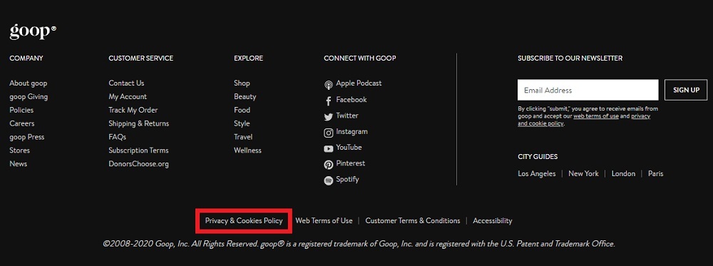 goop website footer with Privacy Policy highlighted