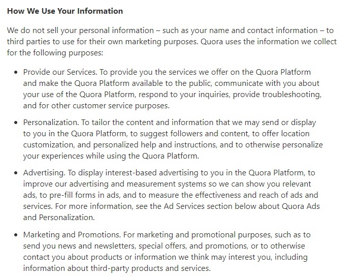 Quora Privacy Policy: How We Use Your Information clause