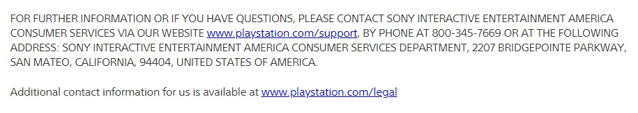 PlayStation Terms of Service: Contact Information clause