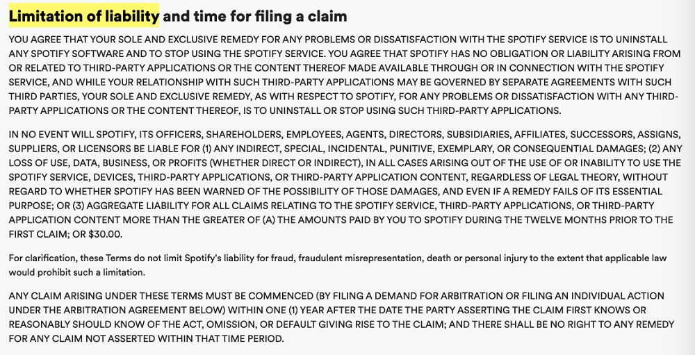 Spotify Terms and Conditions of Use: Limitation of Liability clause