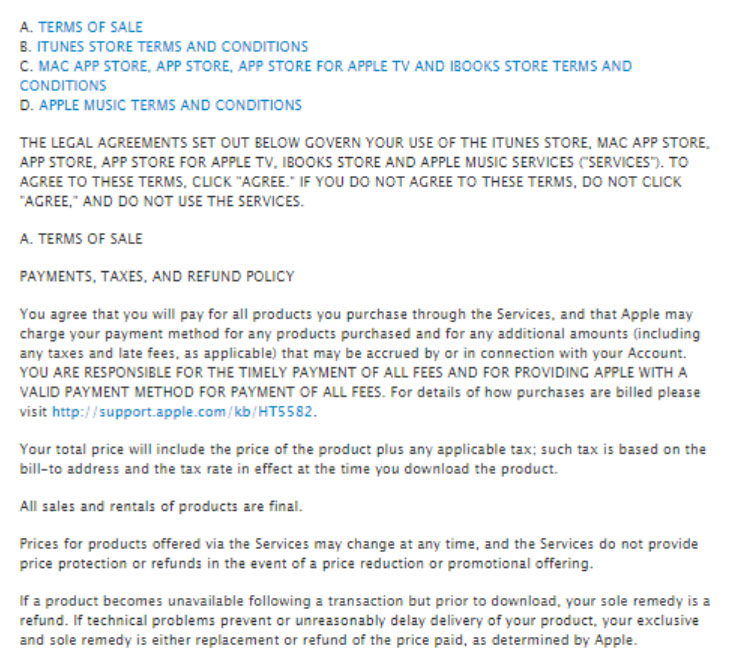 The Terms of Sale section in Apple Terms and Conditions agreement