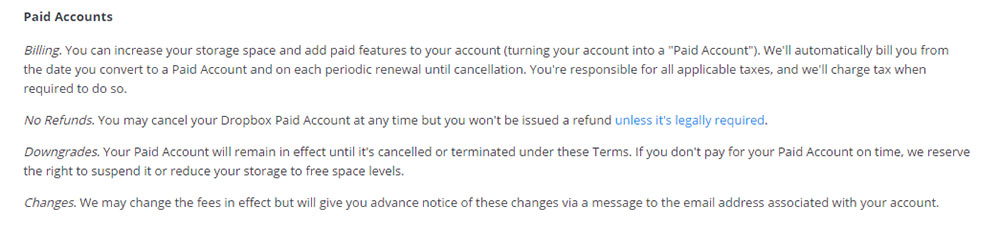 The Paid Accounts section in Terms of Service of Dropbox