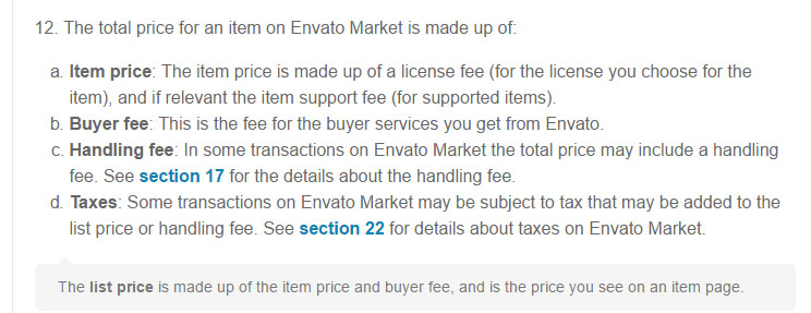 The Fees and charges sections in Envato Market Terms agreement