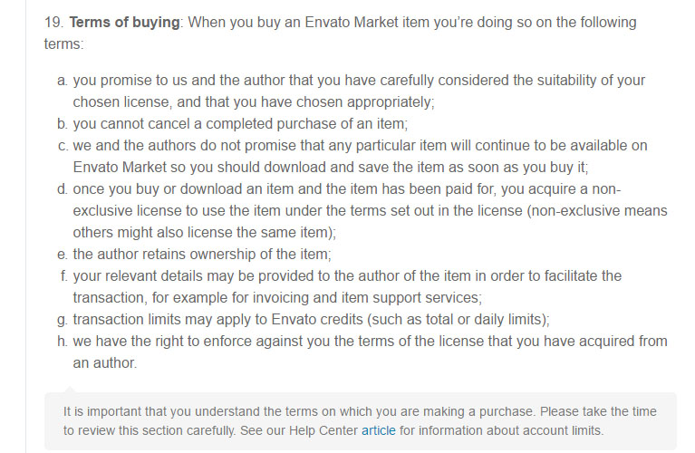 The Terms of buying clause in Envato Market Terms agreement