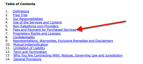 Table of Contents from MSA agreement of SalesForce