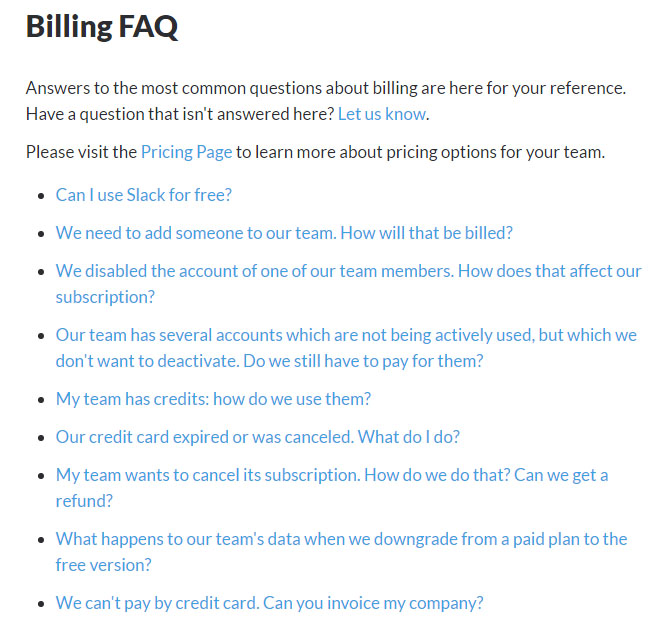 Screenshot of the Billing FAQ page from Slack