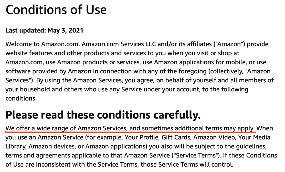 Amazon Conditions of Use: Read these conditions carefully clause - Additional Terms section highlighted