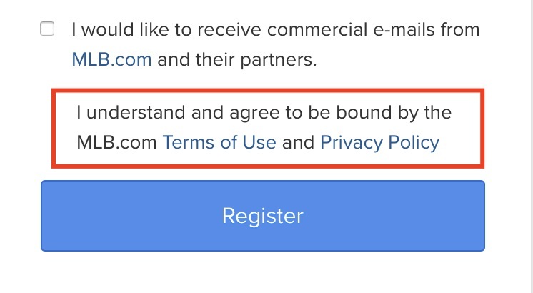 MLB account register form with Agree to Terms and Privacy Policy statement highlighted