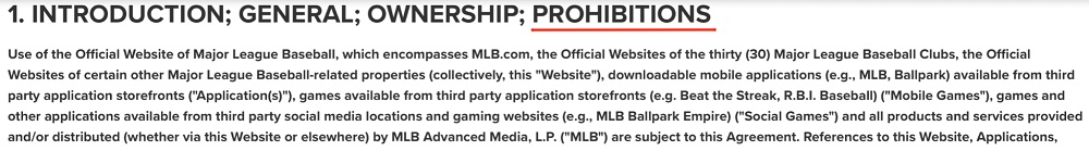 MLB Terms of Use: Introduction, General, Ownership, Prohibitions clause - Intro section