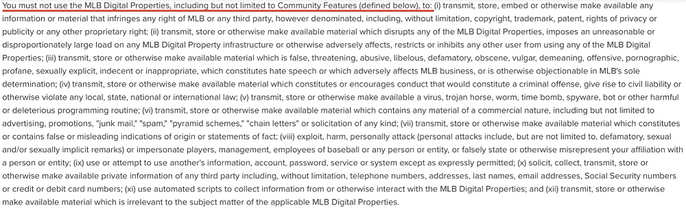 MLB Terms of Use: Introduction, General, Ownership, Prohibitions clause - Rules section