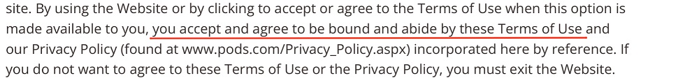 PODS Terms of Service: Browsewrap statement highlighted