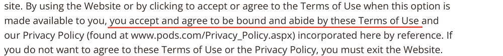 PODS Terms of Service: Browsewrap statement highlighted