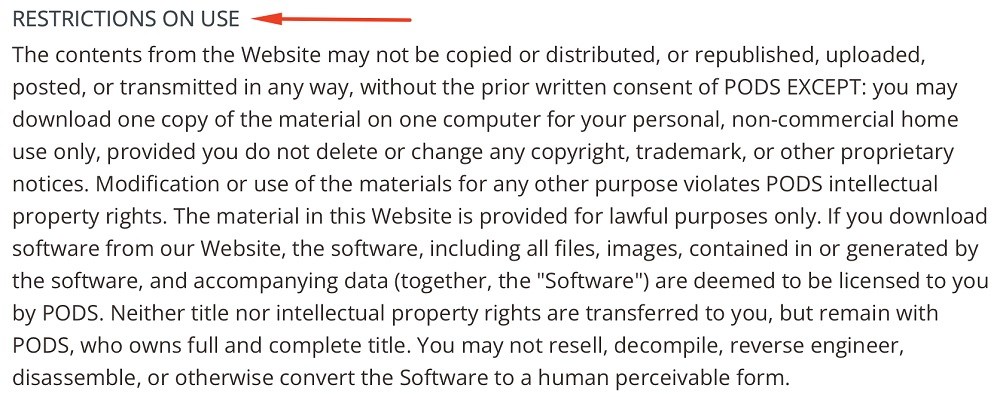 PODS Terms of Service: Restrictions on Use clause