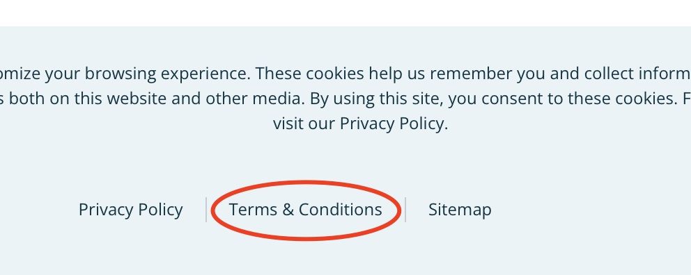 PODS website footer with Terms and Conditions link highlighted