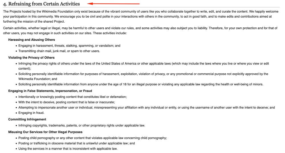 Wikimedia Terms of Use: Refraining from Certain Activities clause