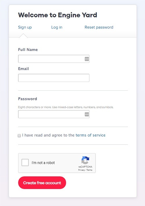 Engine Yard sign-up form with clickwrap checkbox for I Agree to Terms of Service