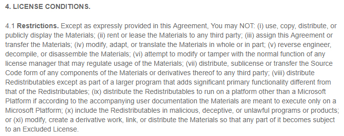 Intel EULA for Software Development Products: License Conditions - Restrictions clause