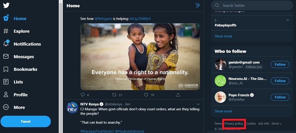Twitter sidebar with Privacy Policy highlighted