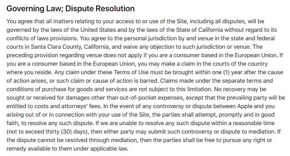 Apple Terms of Use: Governing Law; Dispute Resolution clause
