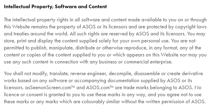 ASOS Terms and Conditions: Intellectual Property, Software and Content clause