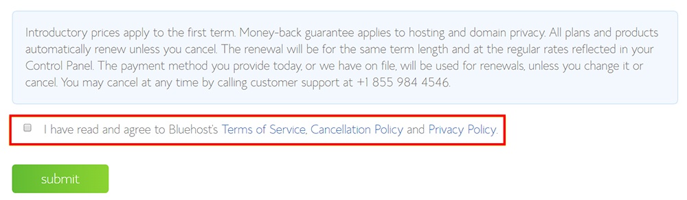 Bluehost's checkout page with highlighted clickwrap example