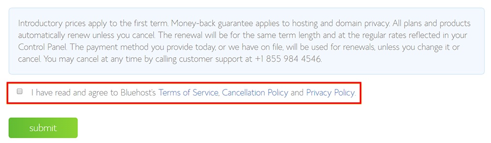 Bluehost's checkout page with highlighted clickwrap example