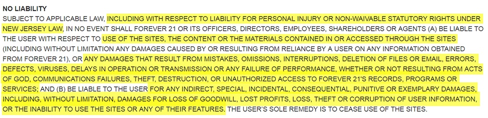Forever 21 Terms of Use: No Liability clause