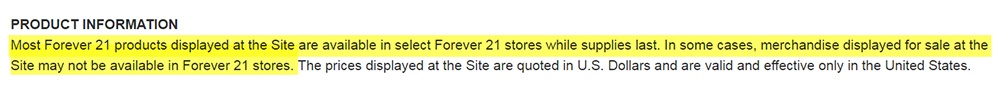 Forever 21 Terms of Use: Product Information clause