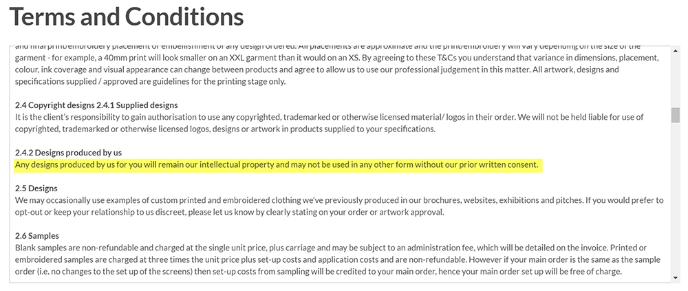 UK T-shirt Printing Terms and Conditions: Designs produced by us clause