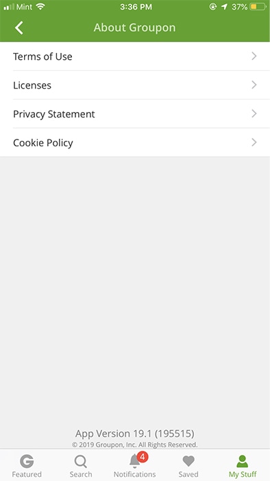 Groupon app About menu showing legal agreement links