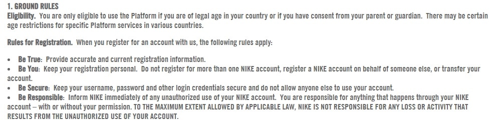 Nike Terms of Use: Ground Rules clause