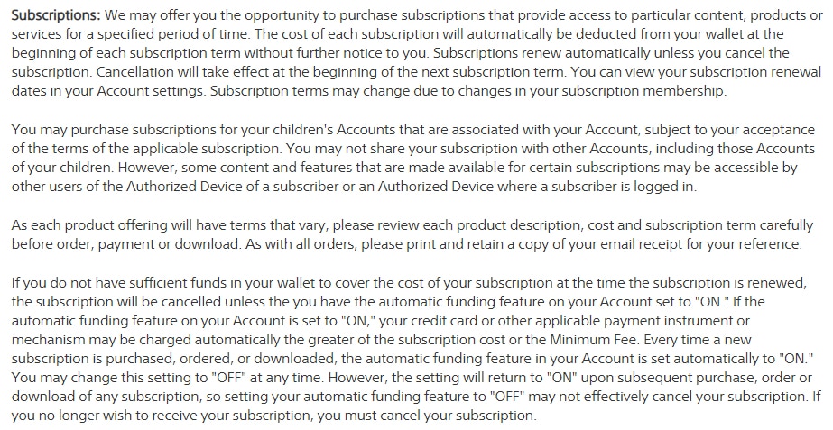 PlayStation Terms of Service: Subscriptions clause