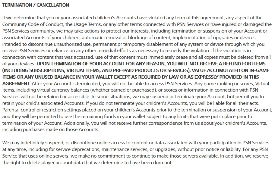 PlayStation Terms of Service: Termination and Cancellation clause