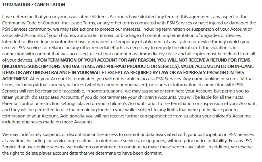 PlayStation Terms of Service: Termination and Cancellation clause