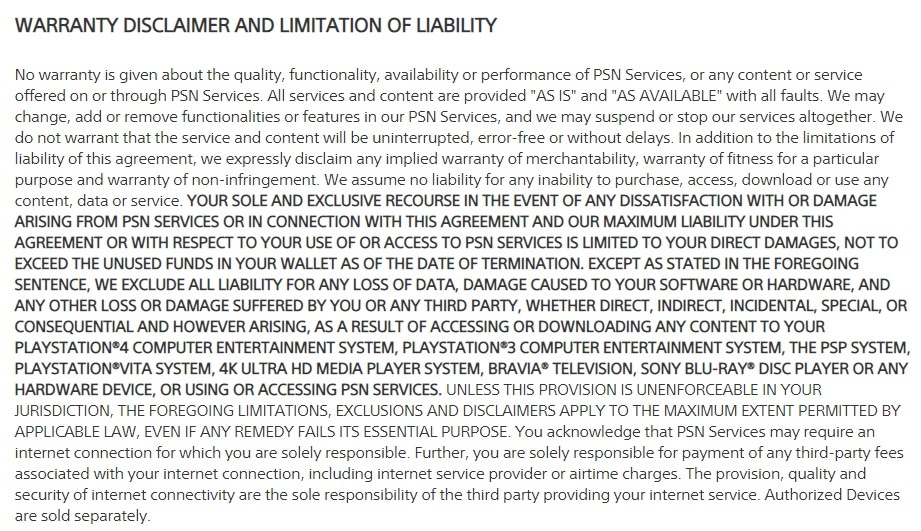 PlayStation Terms of Service: Warranty Disclaimer and Limitation of Liability clause