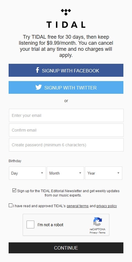 Tidal app signup page screenshot