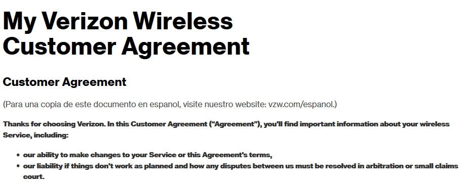 Verizon Wireless Customer Agreement introduction section