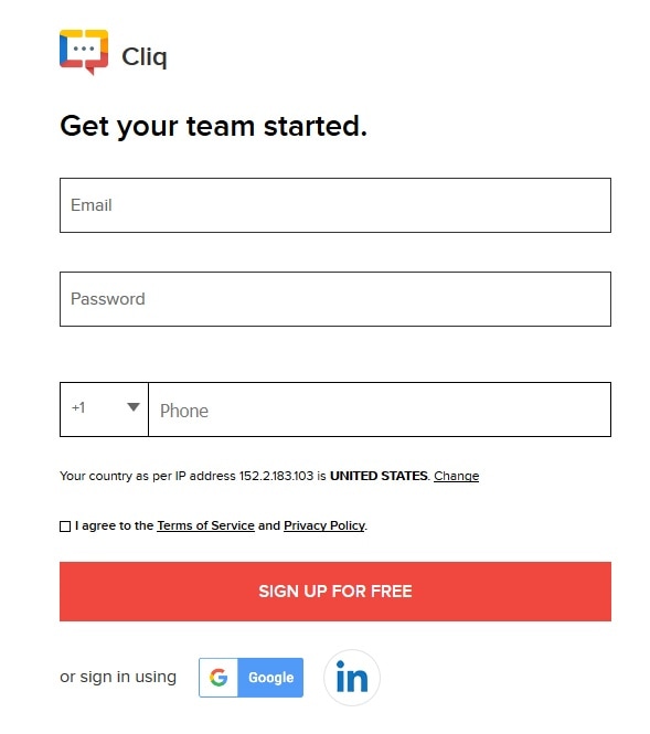 Zoho Cliq signup page screenshot