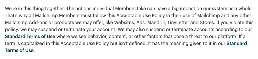 Mailchimp Acceptable Use Policy: Must follow policy clause